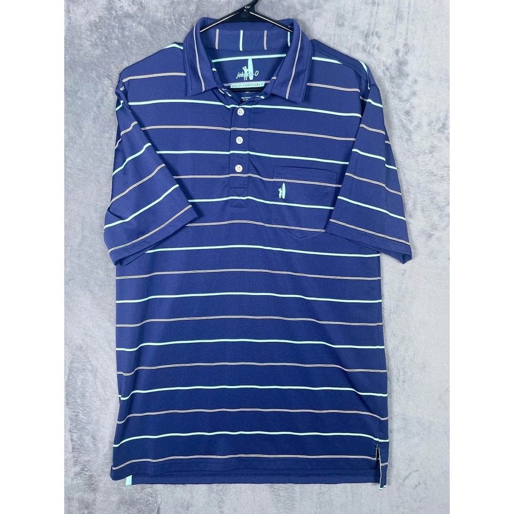 Johnnie-O Mens Prep-Formance Polo Shirt Navy Blue Striped Pocket Size‎ Medium